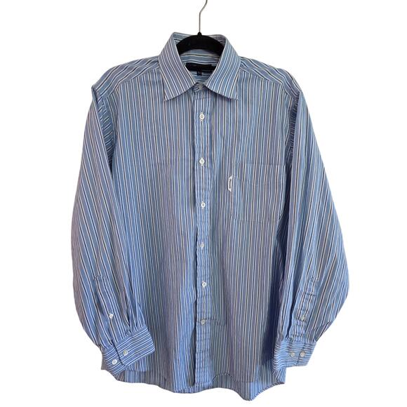 Faconnable Dress Shirt 4/16 L Blue Brown Stripe 100% Cotton Made in USA Luxury - Picture 2 of 7